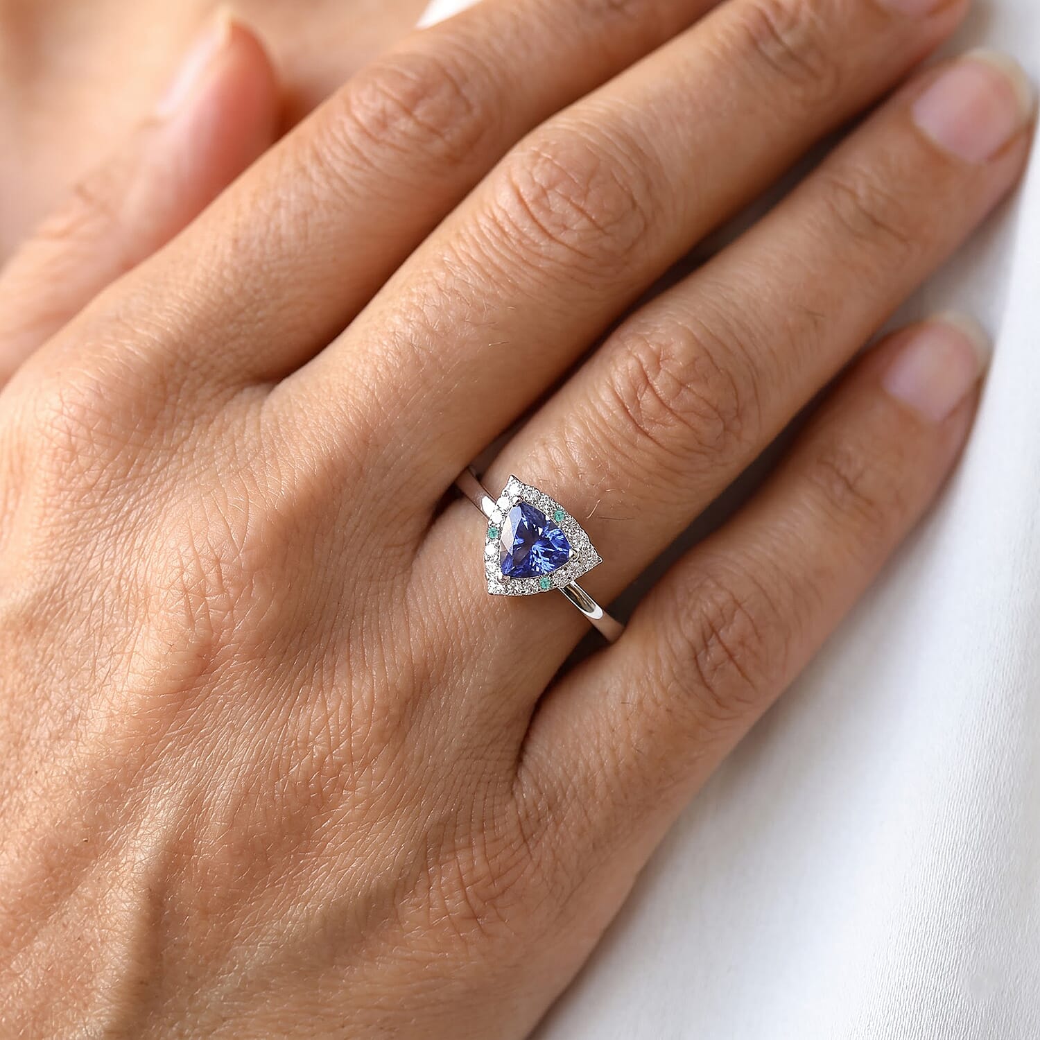 Certified and Appraised D'Joy Premium Tanzanite, Paraiba Tourmaline and Moissanite 1.50 ctw Ring in Rhodium Over Sterling Silver (Size 6.0)