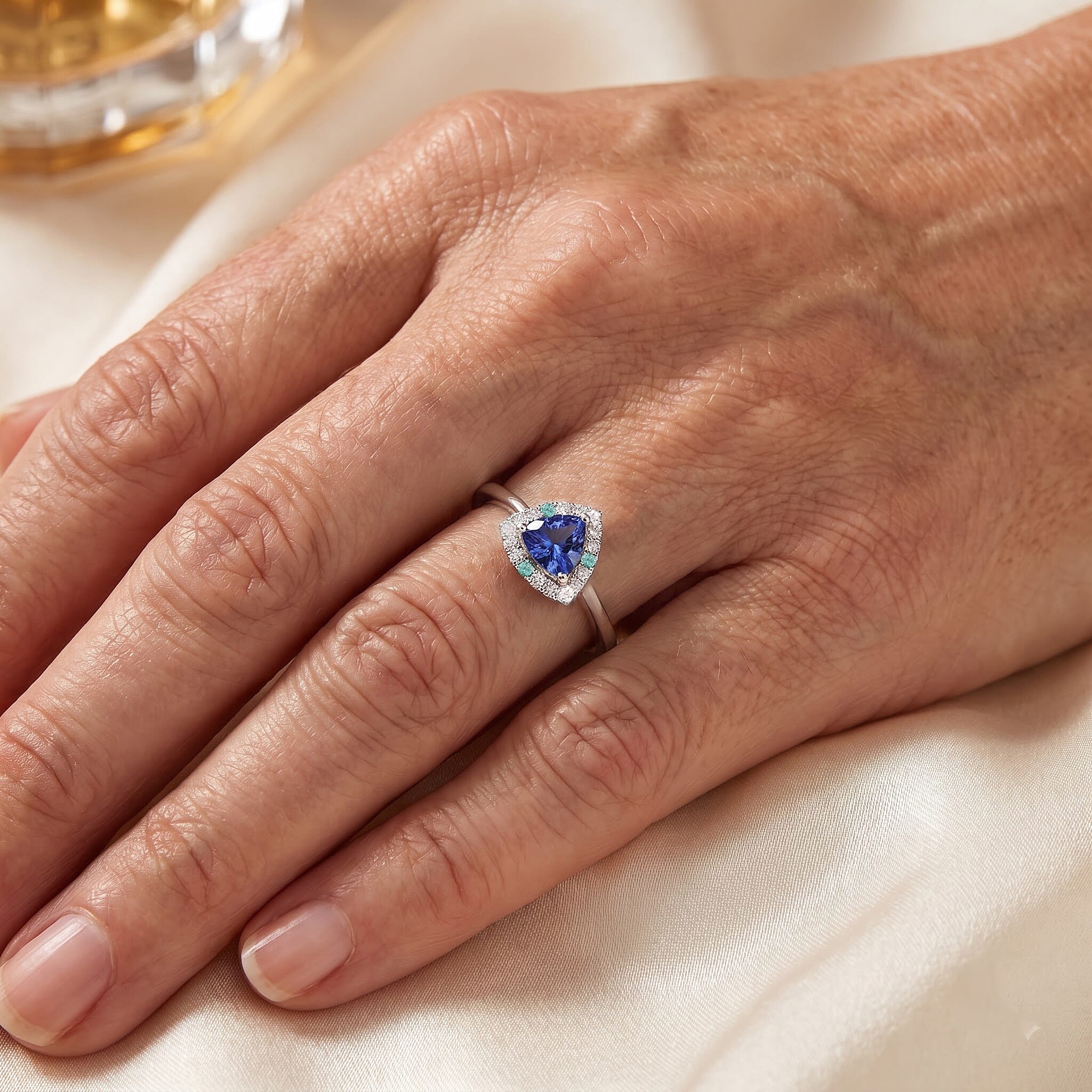 Certified and Appraised D'Joy Premium Tanzanite, Paraiba Tourmaline and Moissanite 1.50 ctw Ring in Rhodium Over Sterling Silver (Size 6.0)