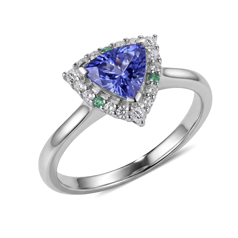 Certified and Appraised D'Joy Premium Tanzanite, Paraiba Tourmaline and Moissanite 1.50 ctw Ring in Rhodium Over Sterling Silver (Size 8.0)