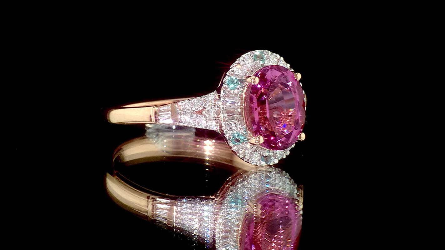 Certified and Appraised Luxoro 10K Rose Gold AAA Pink Tourmaline, Paraiba Tourmaline and Diamond (I2) (0.31 cts) Ring (Size 6.0) 2.22 ctw