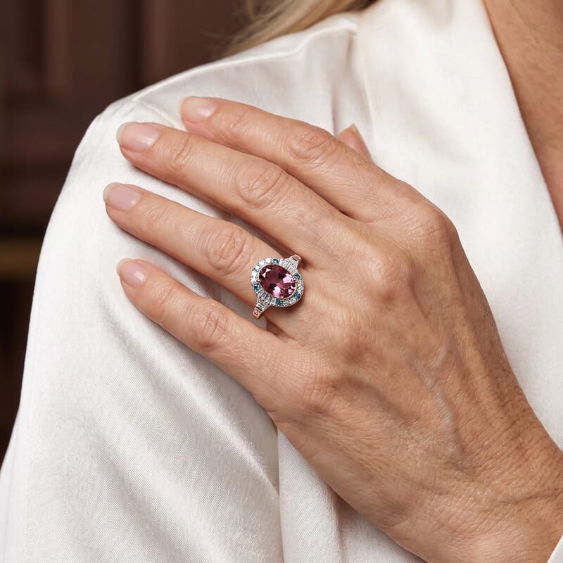Certified and Appraised Luxoro AAA Pink Tourmaline, Paraiba Tourmaline and Diamond I2 2.20 ctw Ring in 10K Rose Gold (Size 7.0)