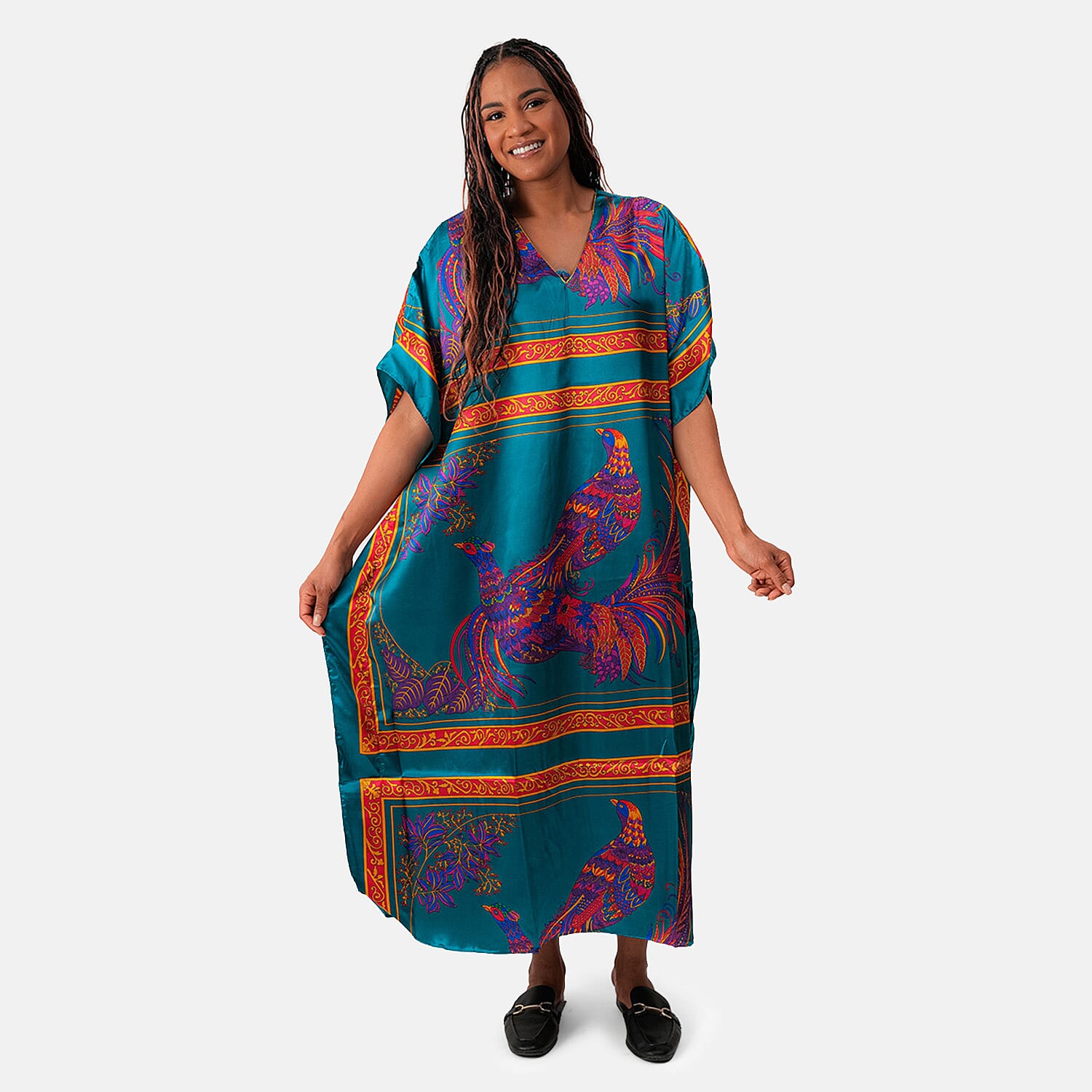 Winlar Teal Bird Print Kaftan - One Size Fits Most (Ships in 7 to 10 Days Business Days)