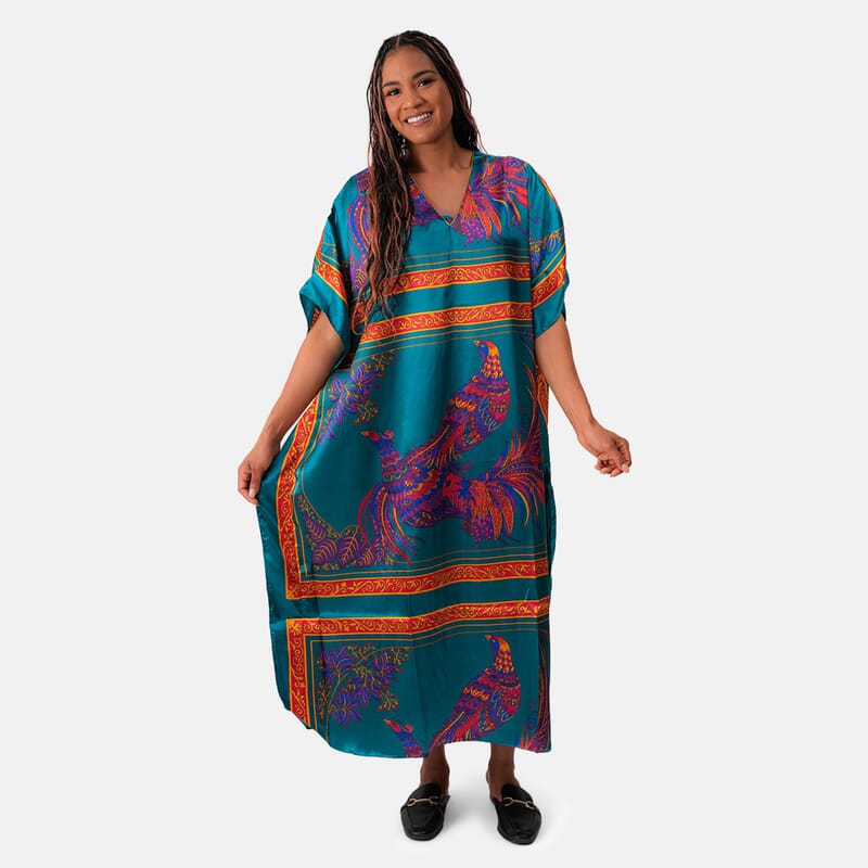 Winlar Teal Bird Print Kaftan - One Size Fits Most (Ships in 7 to 10 Days Business Days)