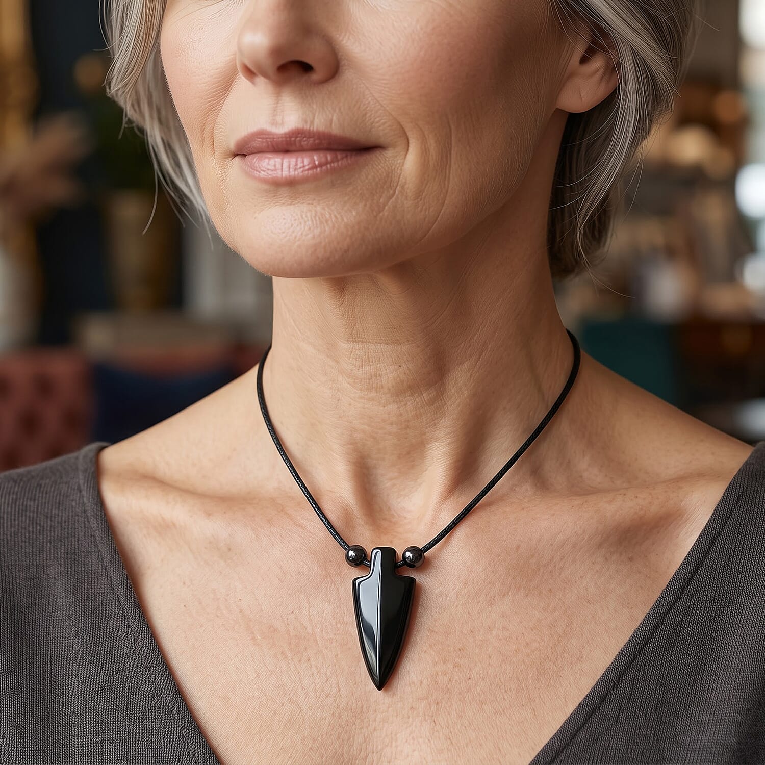 Arrowhead Black Agate 32.00 ctw Cord Necklace (15 Inches)