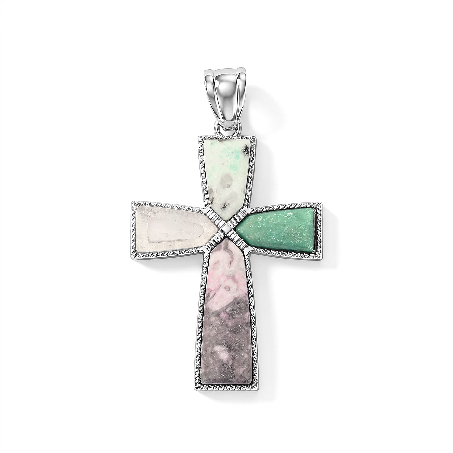 Multi Gemstone 28.00 ctw Taper Point Cross Pendant in Silvertone
