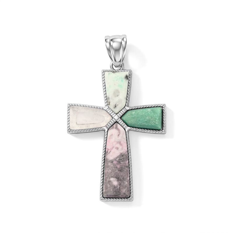 Multi Gemstone 28.00 ctw Taper Point Cross Pendant in Silvertone
