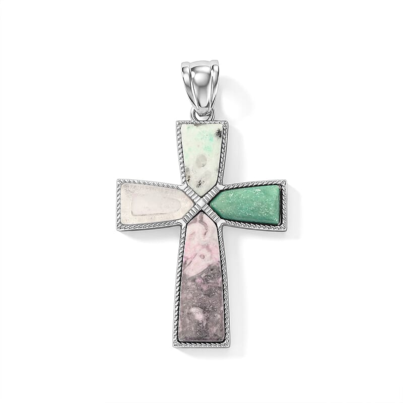 Multi Gemstone 28.00 ctw Taper Point Cross Pendant in Silvertone