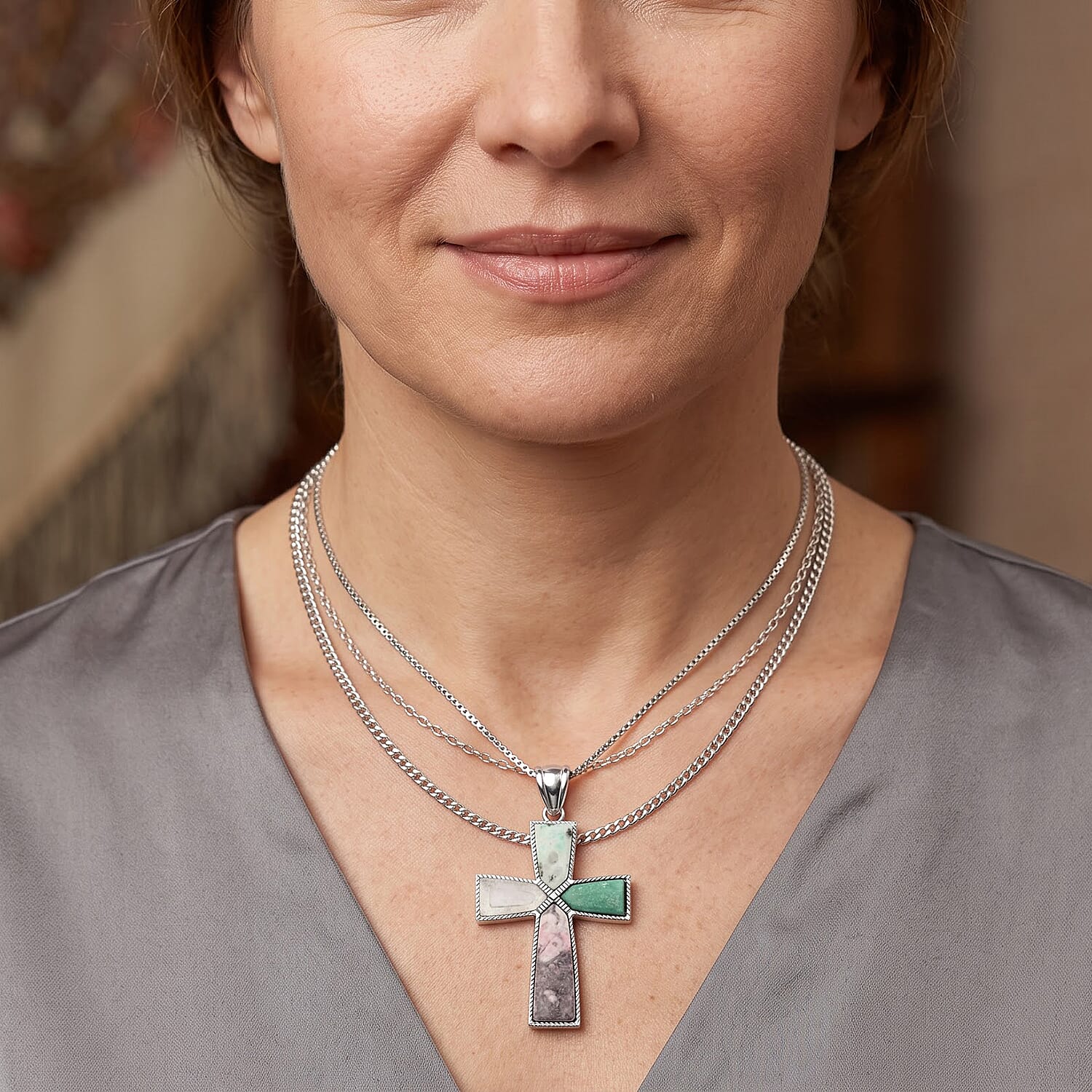 Multi Gemstone 28.00 ctw Taper Point Cross Pendant in Silvertone