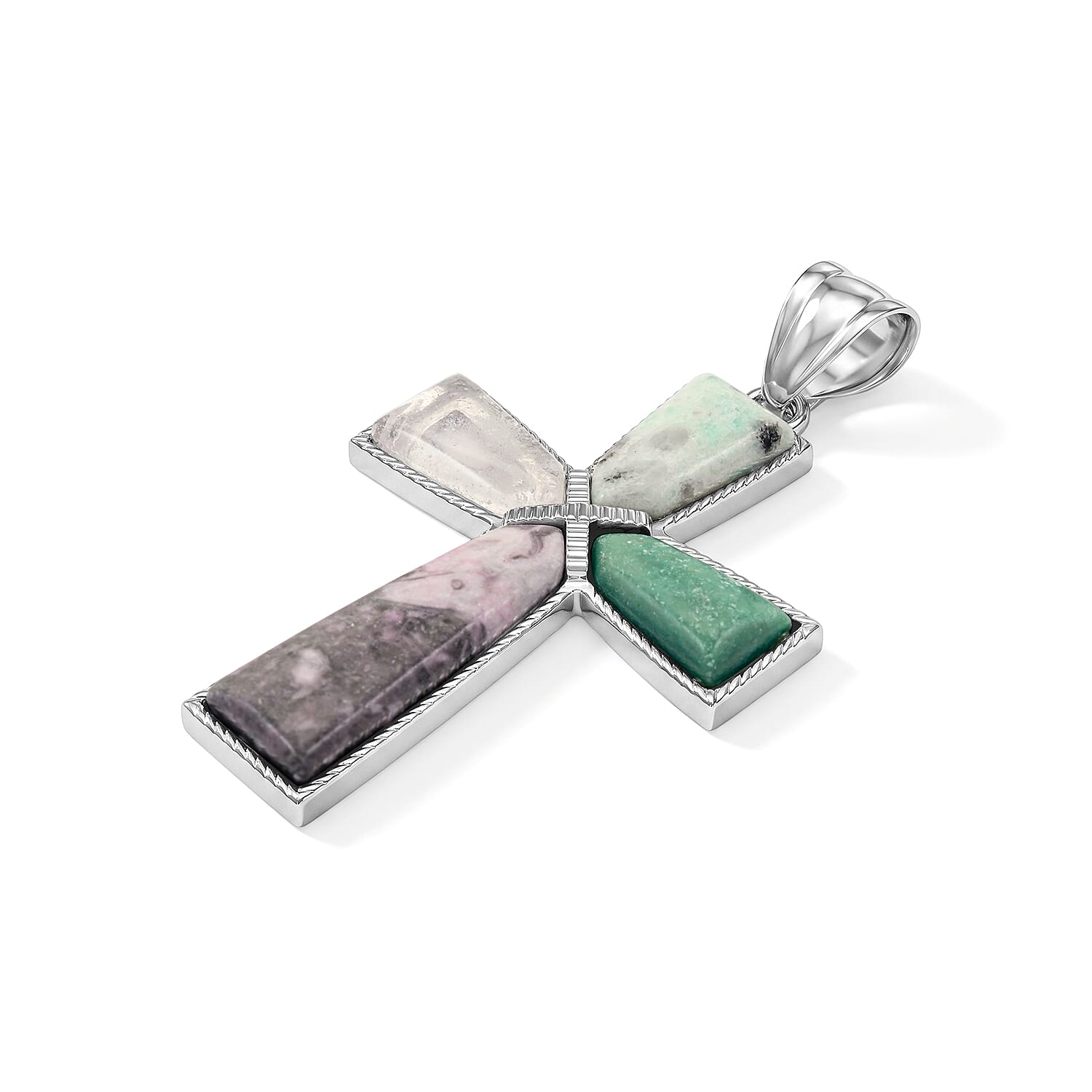 Multi Gemstone 28.00 ctw Taper Point Cross Pendant in Silvertone