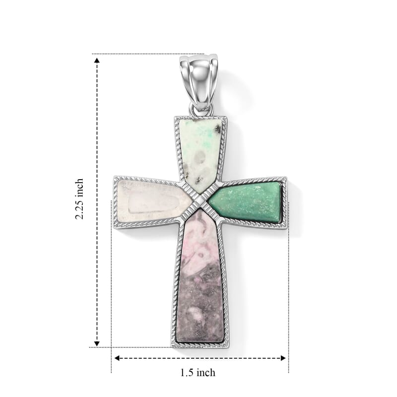 Multi Gemstone 28.00 ctw Taper Point Cross Pendant in Silvertone