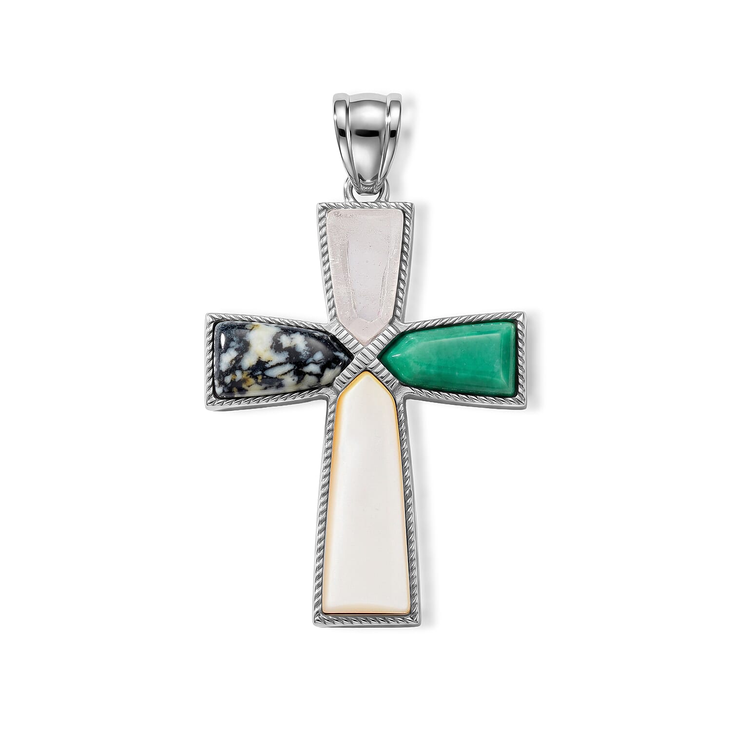 Multi Gemstone 28.00 ctw Taper Point Cross Pendant in Silvertone
