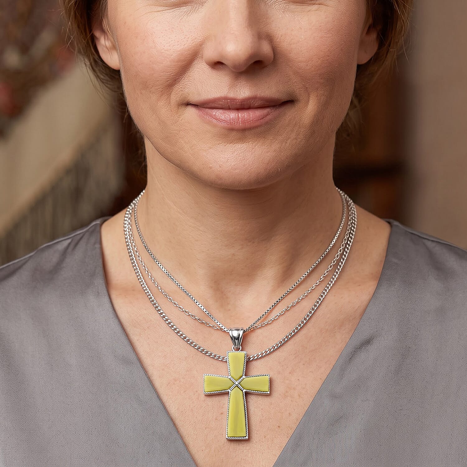 Olive Jade 28.00 ctw Taper Point Cross Pendant in Silvertone
