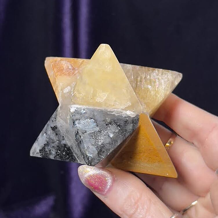 Bonded Yellow Fluorite Aventurine Golden Quartz Larvakite Misfit Mineral Merkaba 1.5-2 Approx 140Ctw