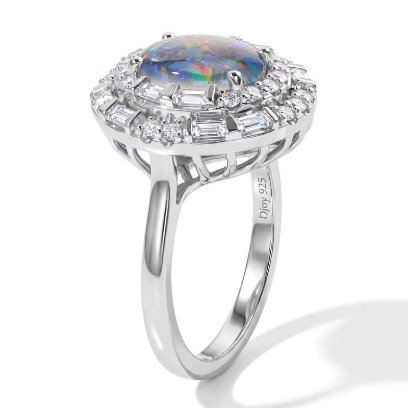 Certified and Appraised D'Joy Premium Australian Black Ridge Opal Triplet and Moissanite 2.58 ctw Ring in Rhodium Over Sterling Silver (Size 7.0)