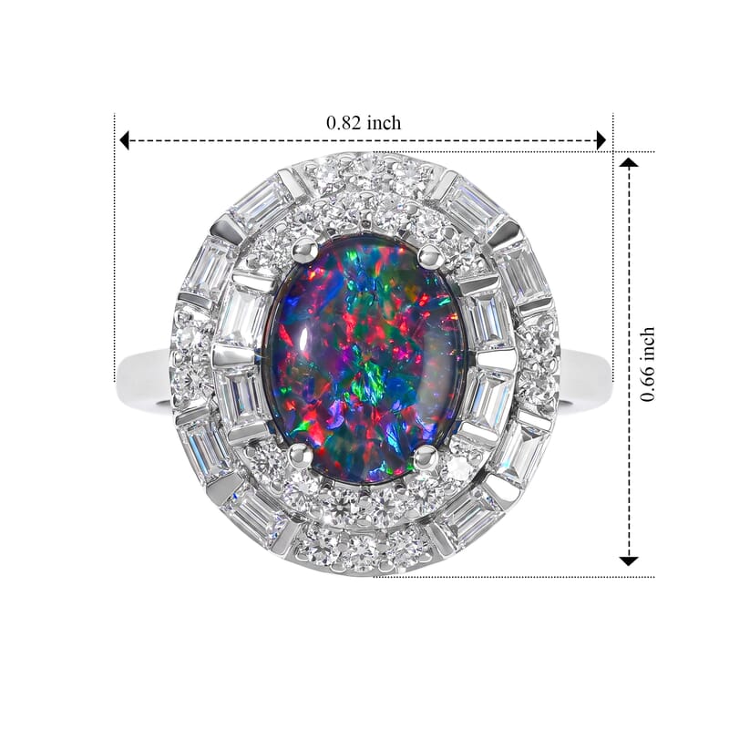 Certified and Appraised D'Joy Premium Australian Black Ridge Opal Triplet and Moissanite 2.58 ctw Ring in Rhodium Over Sterling Silver (Size 7.0)