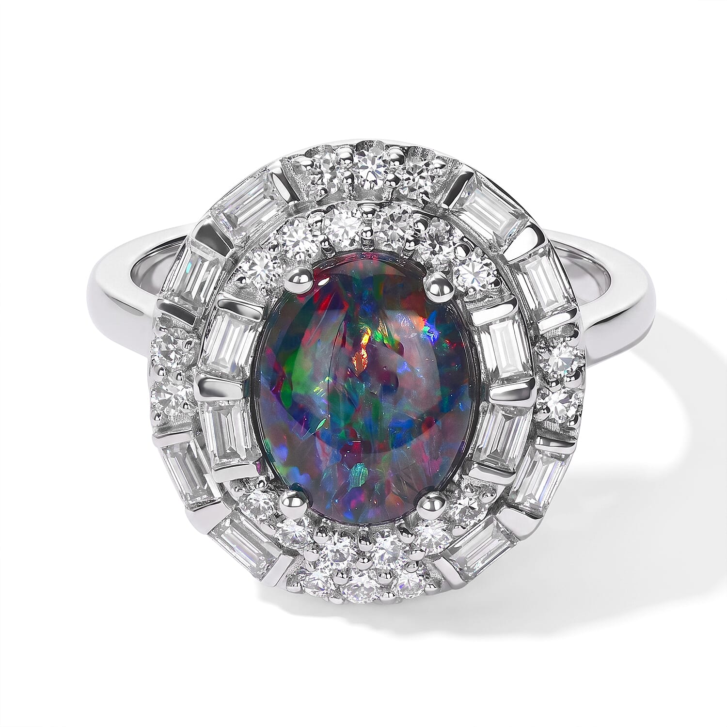 Certified and Appraised D'Joy Premium Australian Black Ridge Opal Triplet and Moissanite 2.58 ctw Ring in Rhodium Over Sterling Silver (Size 8.0)