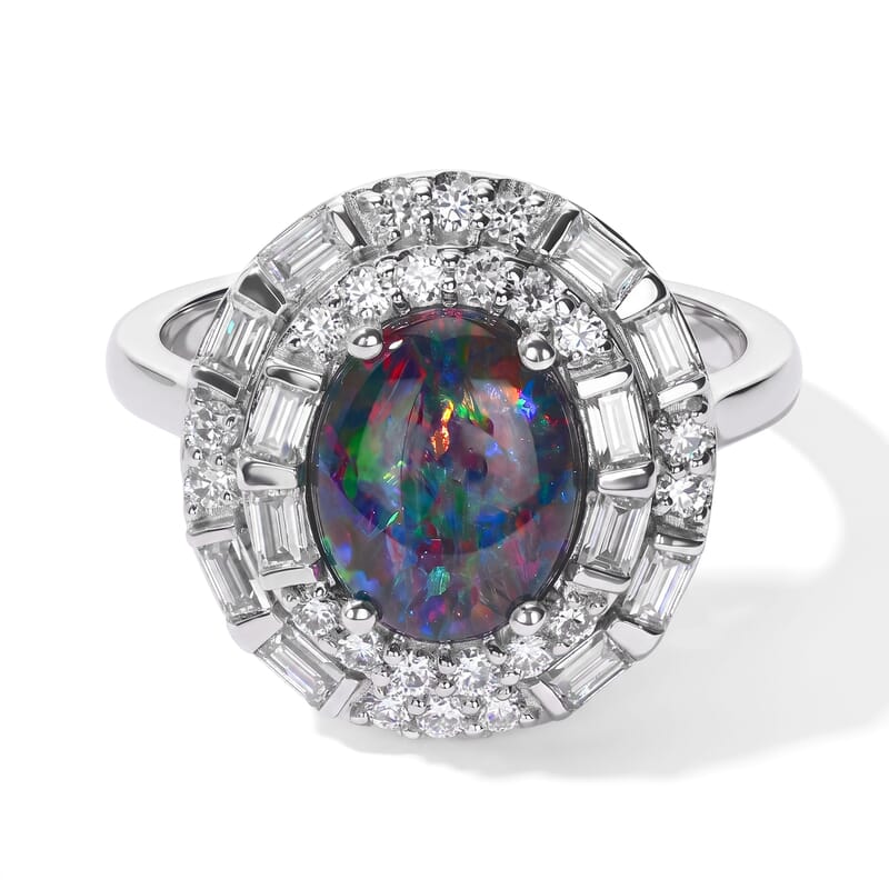 Certified and Appraised D'Joy Premium Australian Black Ridge Opal Triplet and Moissanite 2.58 ctw Ring in Rhodium Over Sterling Silver (Size 8.0)