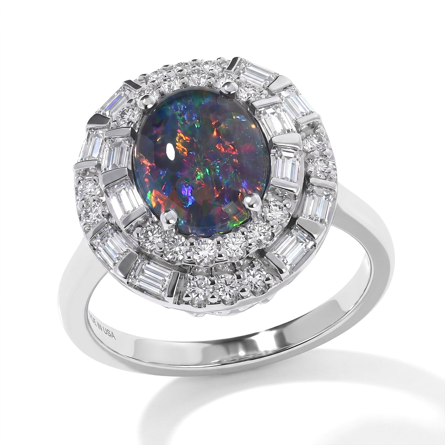 Certified and Appraised D'Joy Premium Australian Black Ridge Opal Triplet and Moissanite 2.58 ctw Ring in Rhodium Over Sterling Silver (Size 8.0)