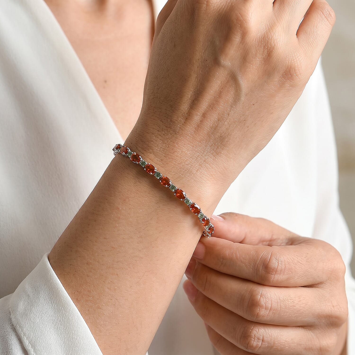 D'Joy Santa Ana Madeira Citrine and Natural Green Apatite 11.10 ctw Garden Link Bracelet in Rhodium Over Sterling Silver (6.50 In)