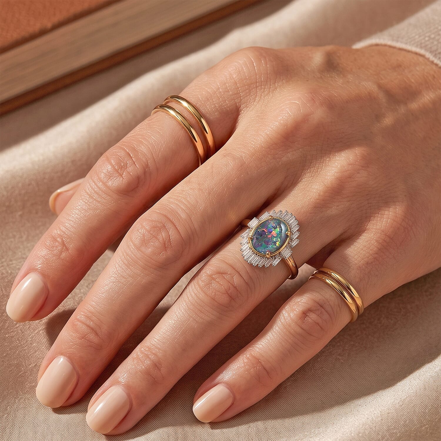 D'Joy Premium Australian Black Ridge Opal Triplet and Moissanite 2.60 ctw Imperial Starlight Ring in 18K Vermeil Yellow Gold Over Sterling Silver (Size 6.0)