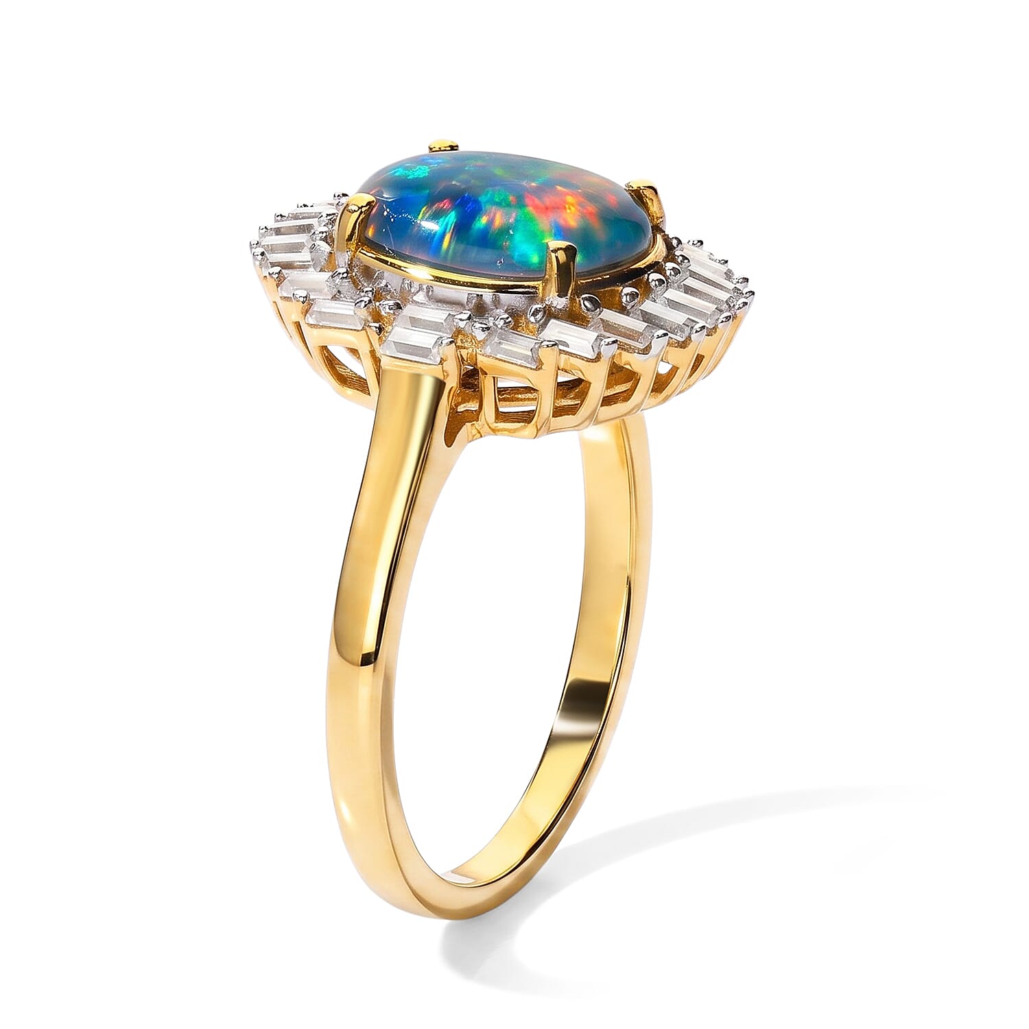 D'Joy Premium Australian Black Ridge Opal Triplet and Moissanite 2.60 ctw Imperial Starlight Ring in 18K Vermeil Yellow Gold Over Sterling Silver (Size 6.0)