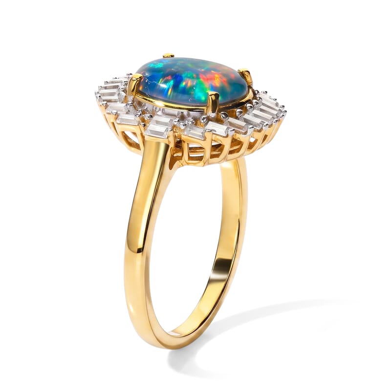 D'Joy Premium Australian Black Ridge Opal Triplet and Moissanite 2.60 ctw Imperial Starlight Ring in 18K Vermeil Yellow Gold Over Sterling Silver (Size 6.0)