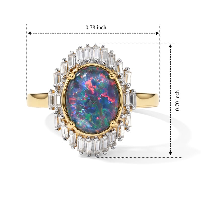 D'Joy Premium Australian Black Ridge Opal Triplet and Moissanite 2.60 ctw Imperial Starlight Ring in 18K Vermeil Yellow Gold Over Sterling Silver (Size 6.0)