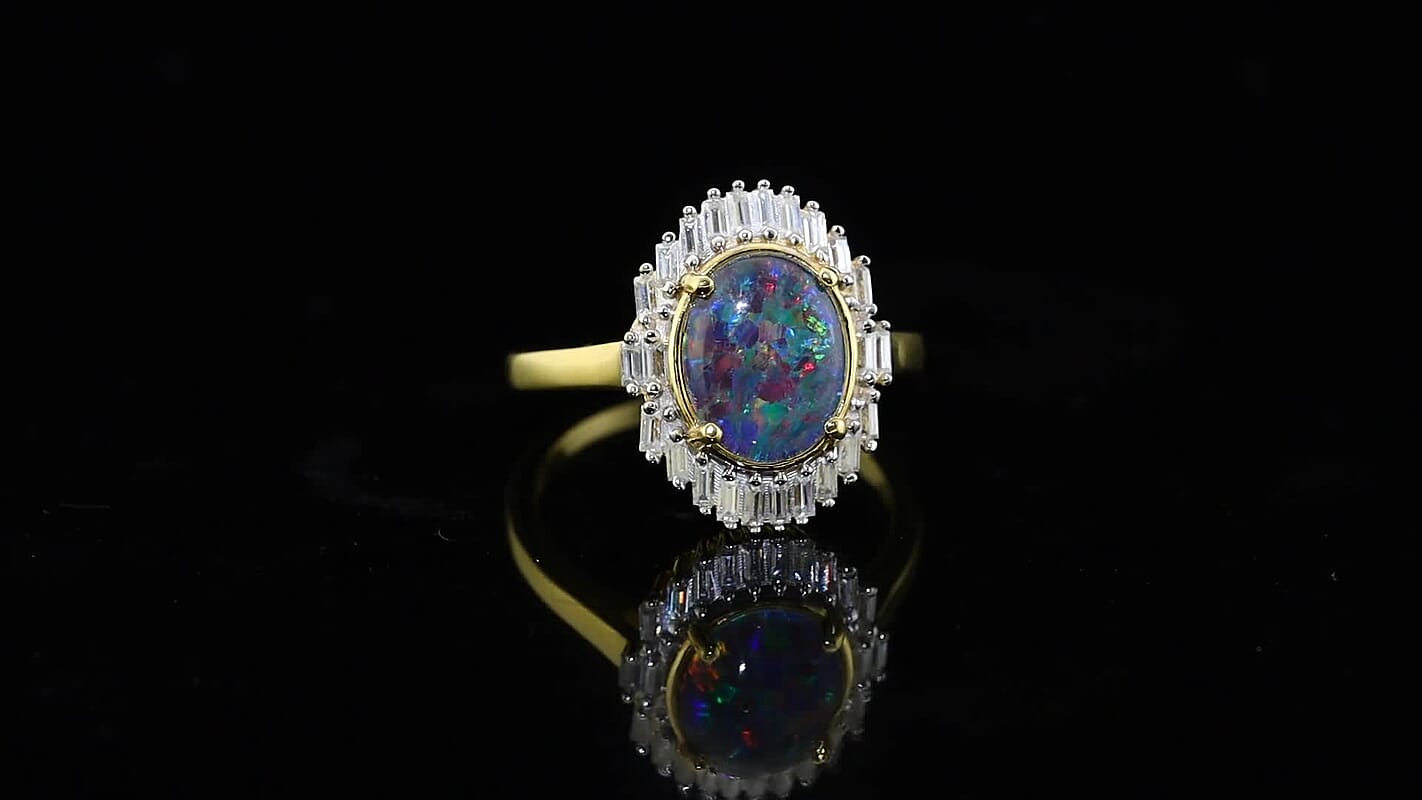 D''Joy Premium Australian Black Ridge Opal Triplet, Moissanite Imperial Starlight Ring in 18K Vermeil YG Over Sterling Silver (Size 10.0) 2.70 ctw