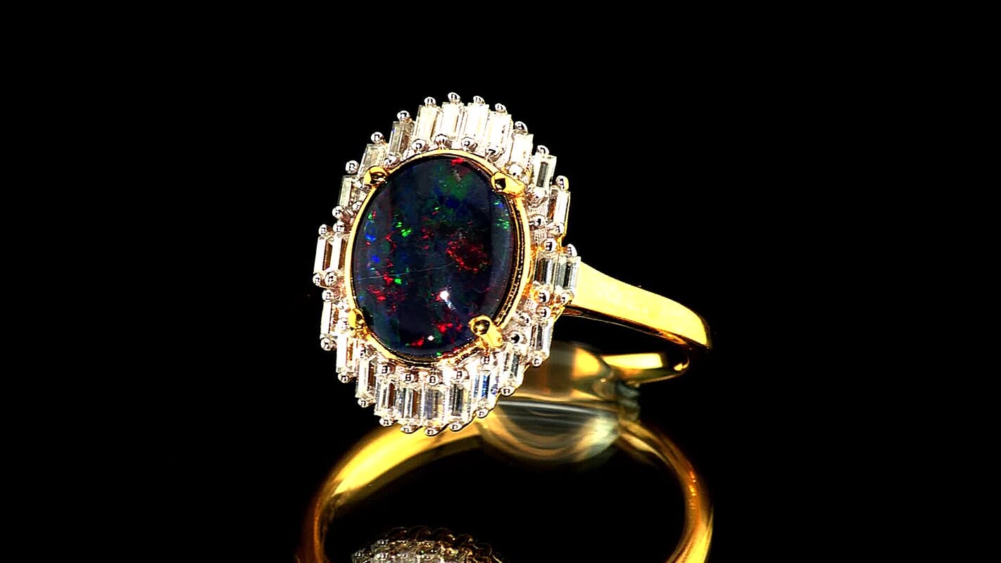 D''Joy Premium Australian Black Ridge Opal Triplet, Moissanite Imperial Starlight Ring in 18K Vermeil YG Over Sterling Silver (Size 10.0) 2.70 ctw