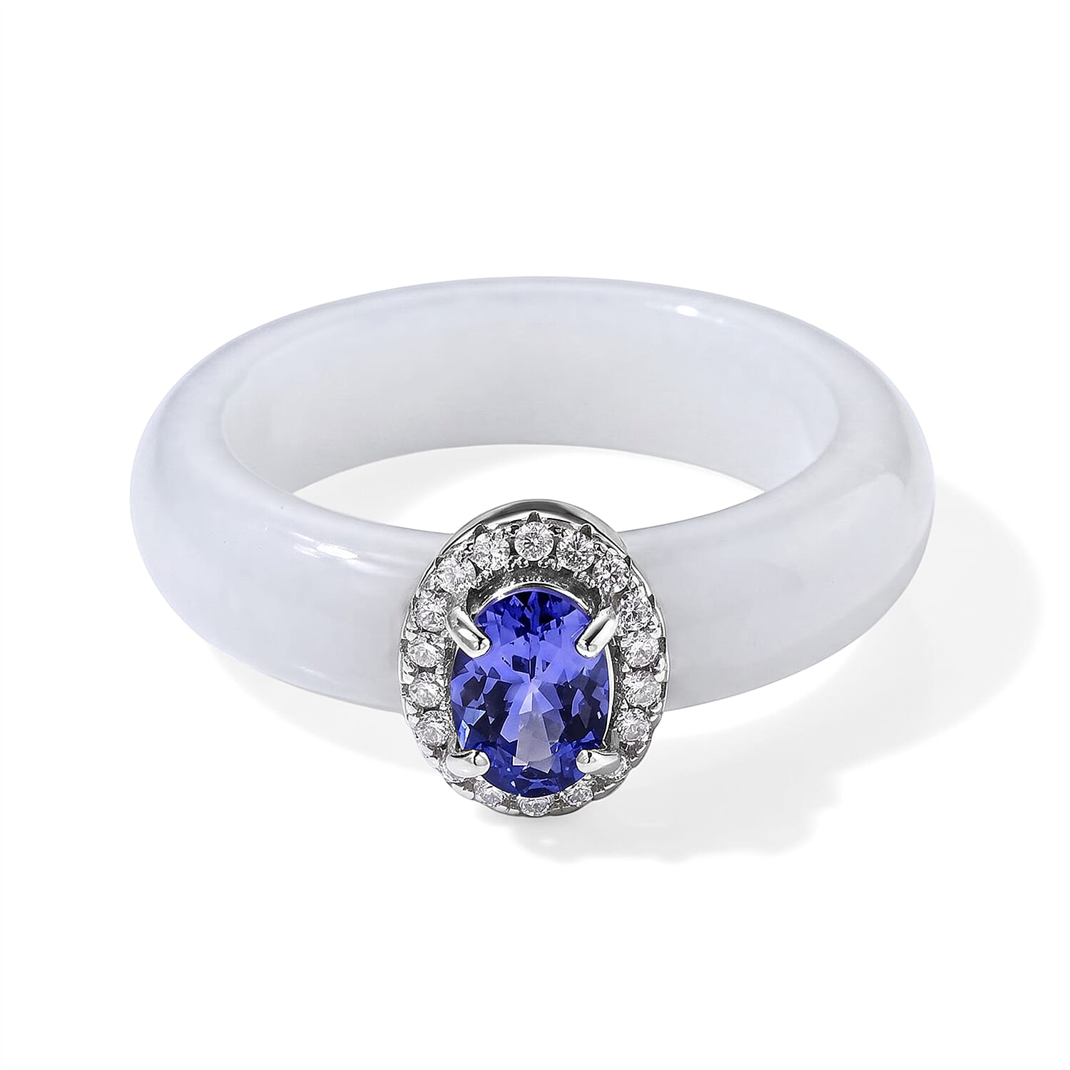 D'Joy Tanzanite, Moissanite and Natural Jade Band 20.20 ctw Men's Ring in Rhodium Over Sterling Silver (Size 9.0)