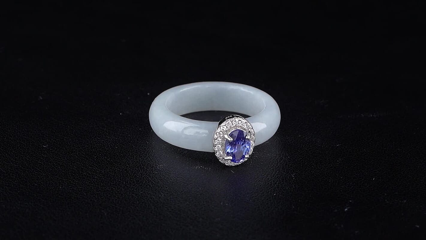 D''Joy Tanzanite, Moissanite and Natural Jade Band Men''s Ring in Rhodium Over Sterling Silver (Size 9.0) 20.20 ctw