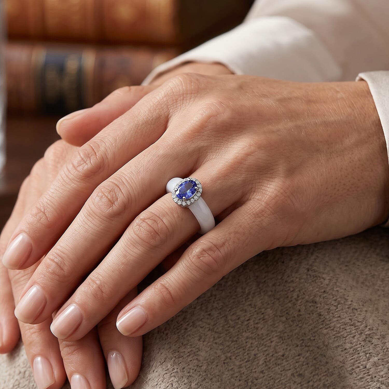 D'Joy Tanzanite, Moissanite and Natural Jade Band 20.20 ctw Men's Ring in Rhodium Over Sterling Silver (Size 9.0)