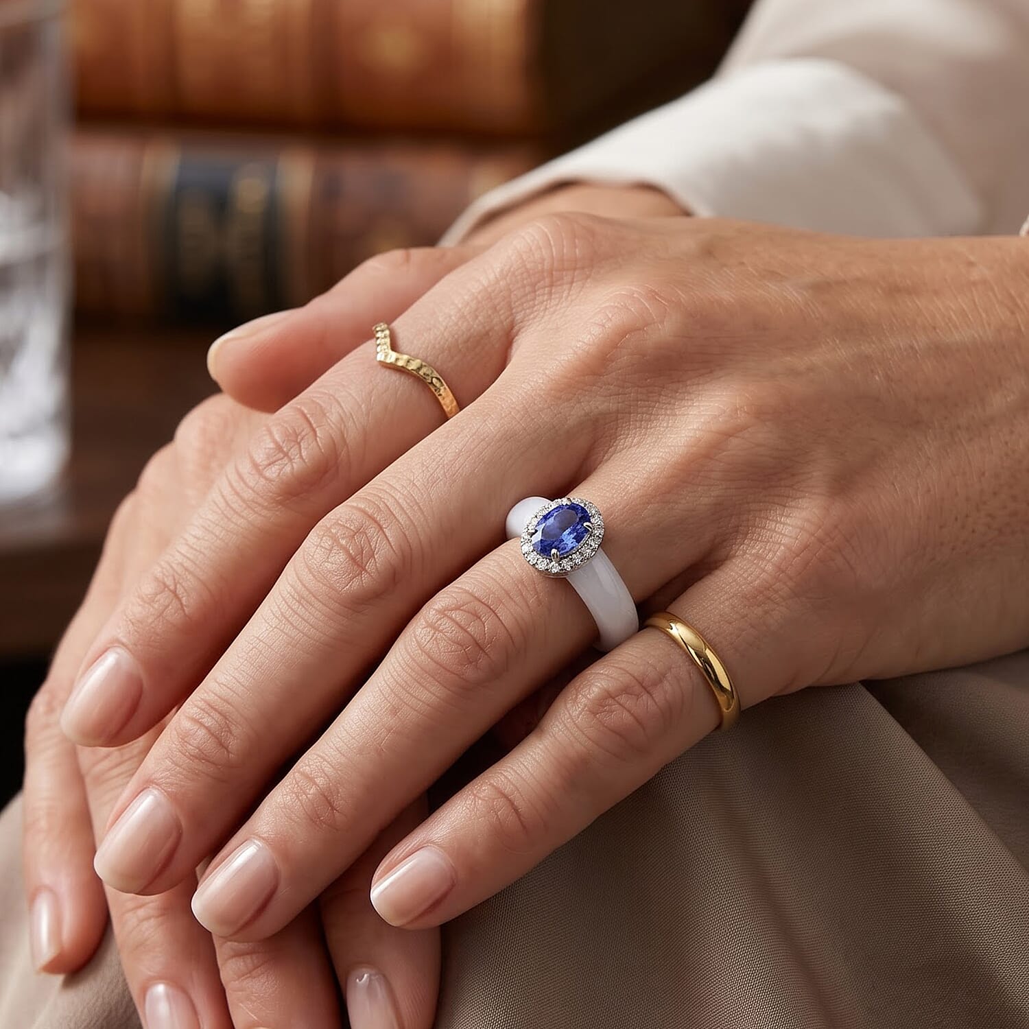 D'Joy Tanzanite, Moissanite and Natural Jade Band 20.20 ctw Men's Ring in Rhodium Over Sterling Silver (Size 9.0)