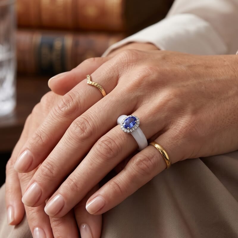 D'Joy Tanzanite, Moissanite and Natural Jade Band 20.20 ctw Men's Ring in Rhodium Over Sterling Silver (Size 9.0)