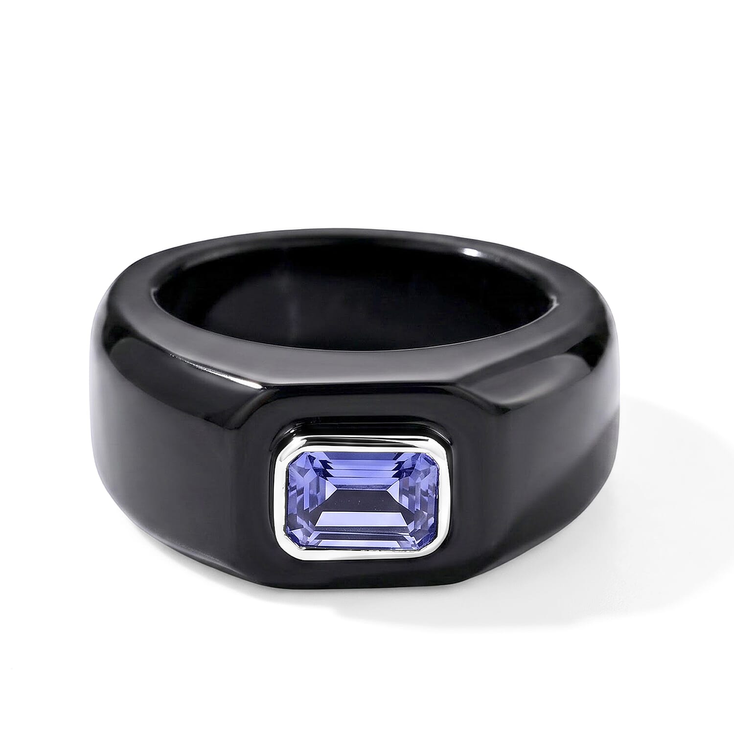 D'Joy Tanzanite, Black Jade(D) Band 41.80 ctw Men's Ring in Rhodium Over Sterling Silver (Size 9.0)