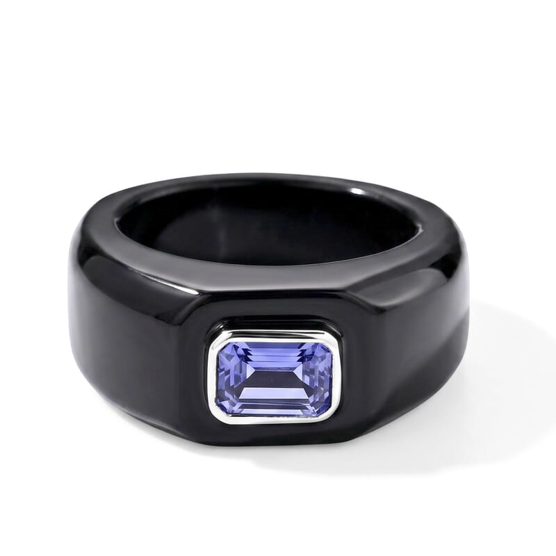 D'Joy Tanzanite, Black Jade(D) Band 41.80 ctw Men's Ring in Rhodium Over Sterling Silver (Size 9.0)
