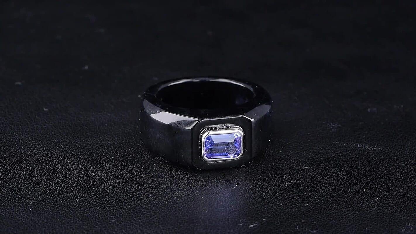 D''Joy Tanzanite, Black Jade Band Men''s Ring in Rhodium Over Sterling Silver (Size 9.0) 41.80 ctw