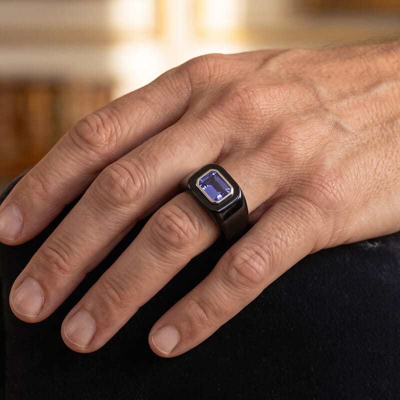 D'Joy Tanzanite, Black Jade(D) Band 41.80 ctw Men's Ring in Rhodium Over Sterling Silver (Size 9.0)