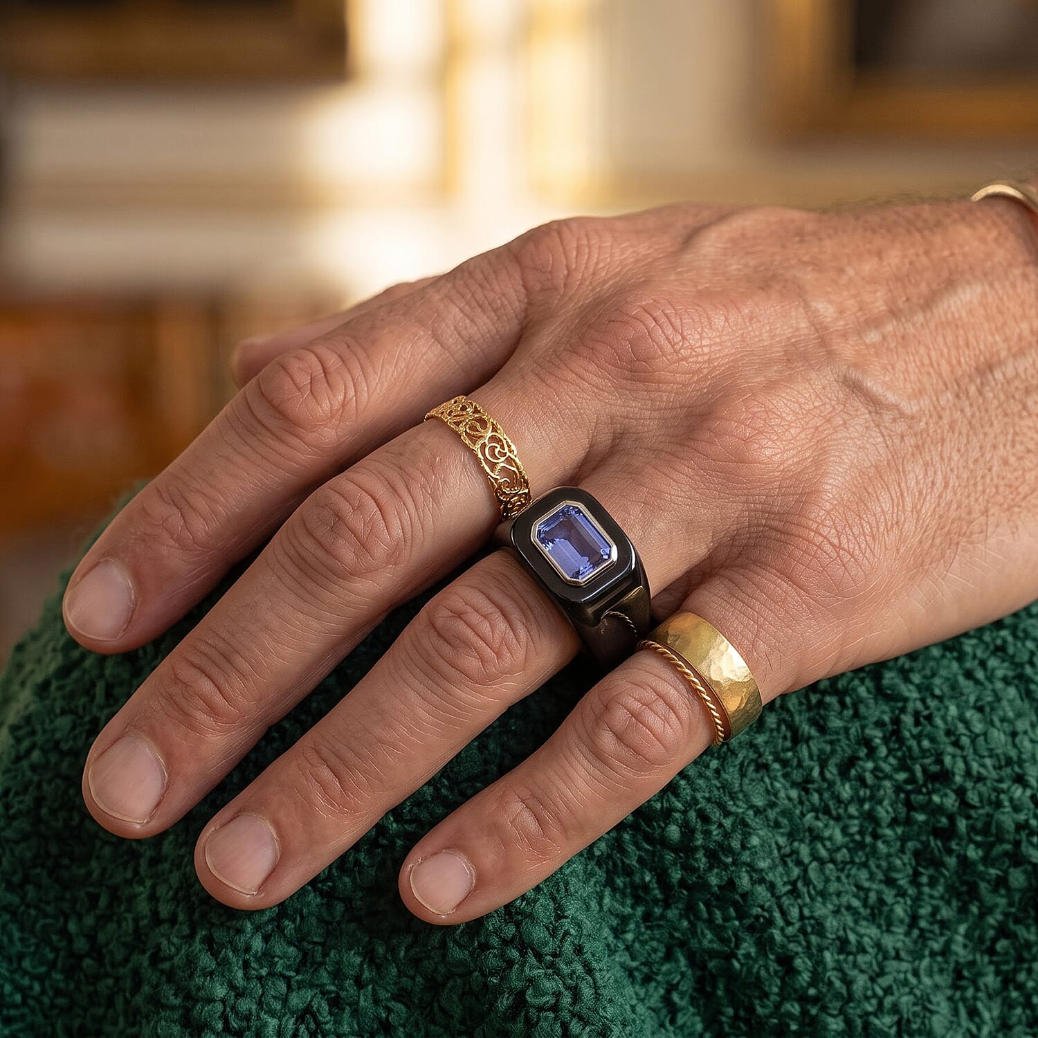 D'Joy Tanzanite, Black Jade(D) Band 41.80 ctw Men's Ring in Rhodium Over Sterling Silver (Size 9.0)