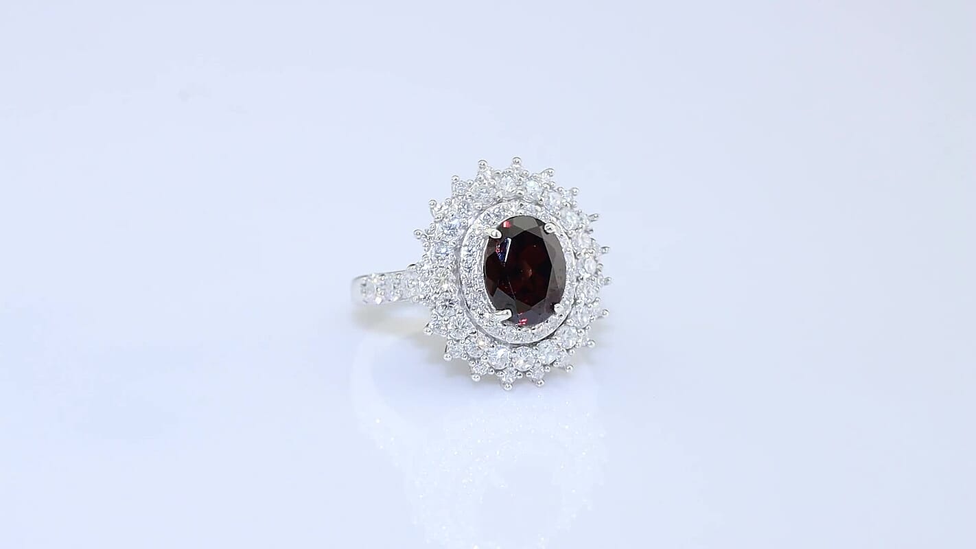 D''Joy Red Zircon , Moissanite Main Stone With Surrounding Stone Ring in Rhodium OverSterling Silver 3.56 ctw