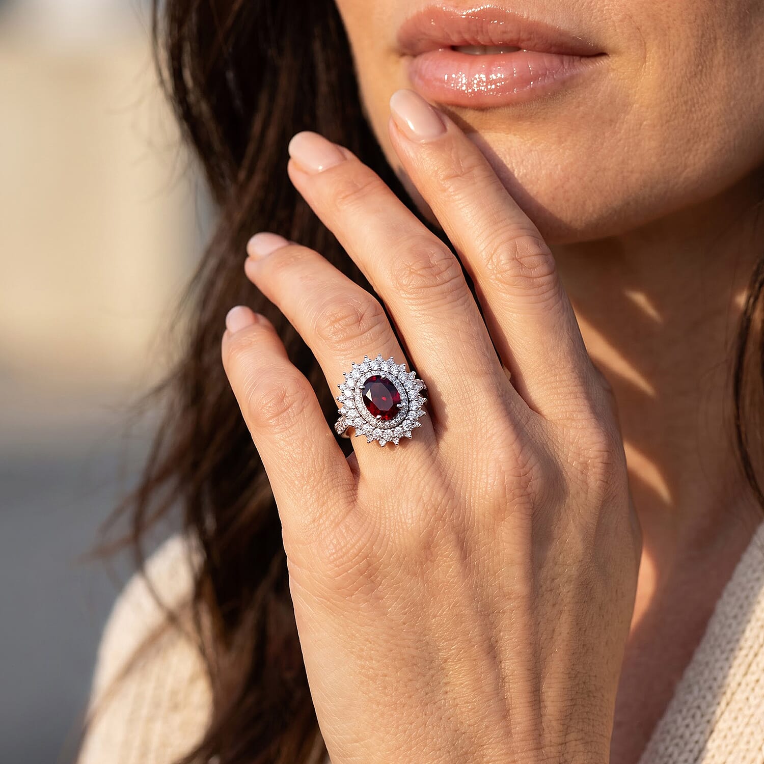 D'Joy Premium Red Zircon and Moissanite 3.90 ctw Floral Cluster Ring in Rhodium Over Sterling Silver (Size 6.0)