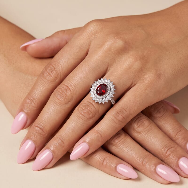 D'Joy Premium Red Zircon and Moissanite 3.90 ctw Floral Cluster Ring in Rhodium Over Sterling Silver (Size 6.0)