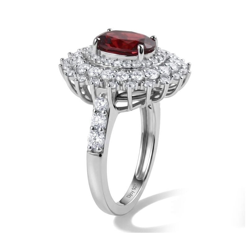 D'Joy Premium Red Zircon and Moissanite 3.90 ctw Floral Cluster Ring in Rhodium Over Sterling Silver (Size 6.0)