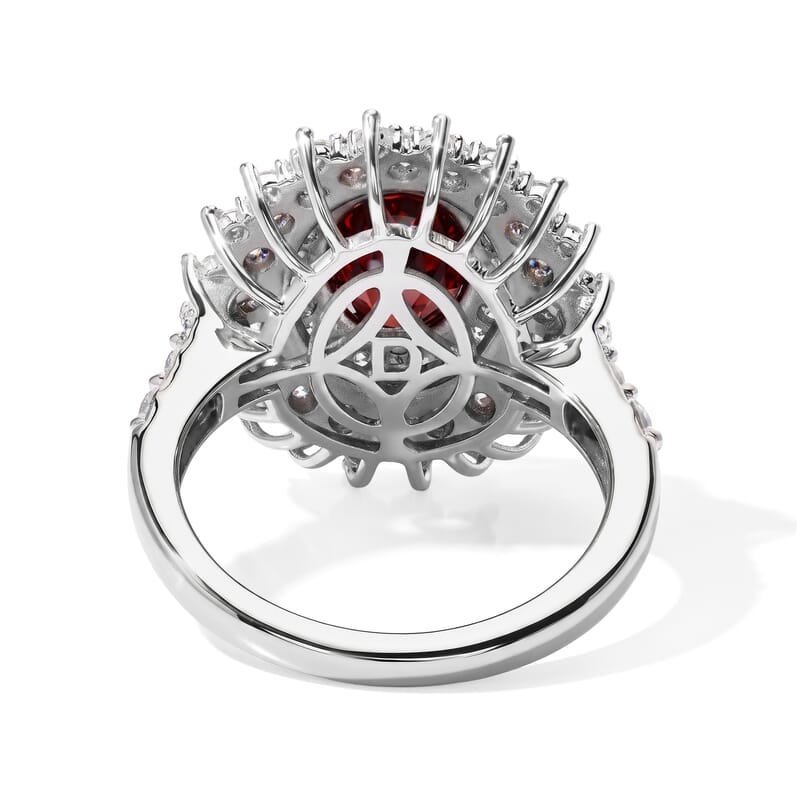 D'Joy Premium Red Zircon and Moissanite 3.90 ctw Floral Cluster Ring in Rhodium Over Sterling Silver (Size 6.0)