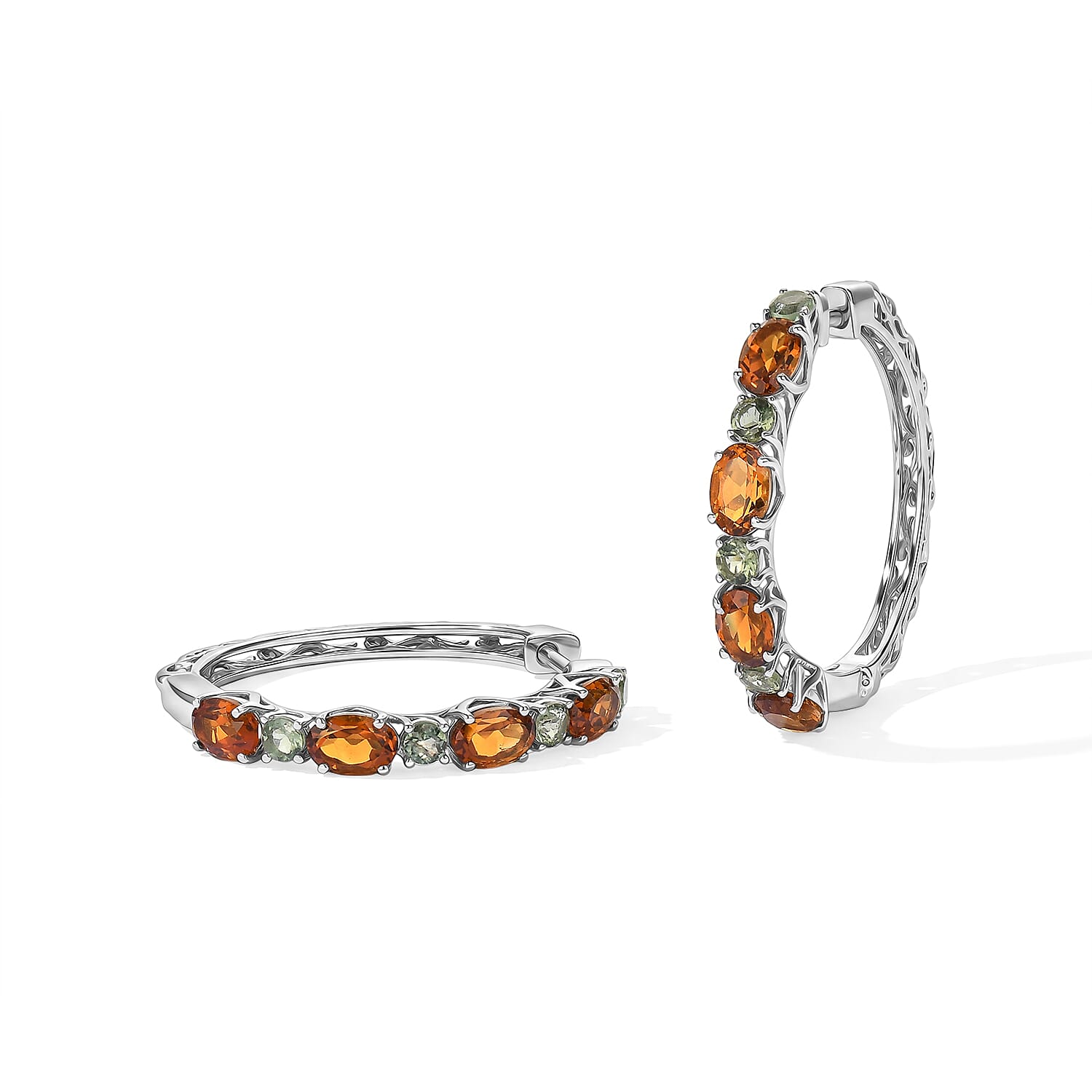 D'Joy Santa Ana Madeira Citrine and Natural Green Apatite 4.50 ctw Garden Link Hoop Earrings in Rhodium Over Sterling Silver
