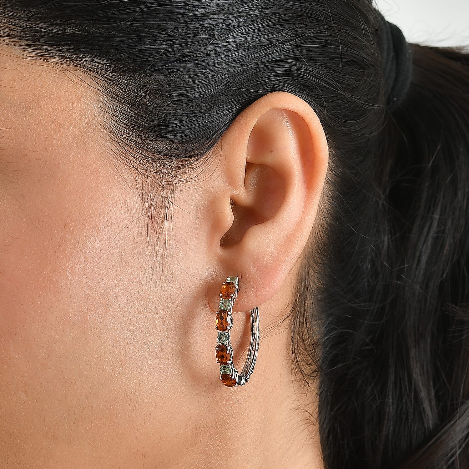 D'Joy Santa Ana Madeira Citrine and Natural Green Apatite 4.50 ctw Garden Link Hoop Earrings in Rhodium Over Sterling Silver