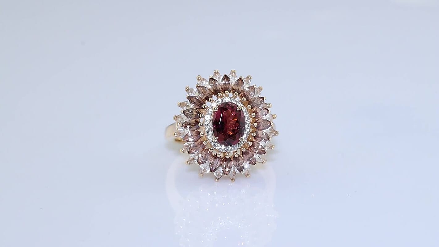 D''Joy Premium Tanzanian Wine Garnet, Champagne and White Zircon Ring in 18K Vermeil RG Over Sterling Silver (Size 10.0) 6.20 ctw