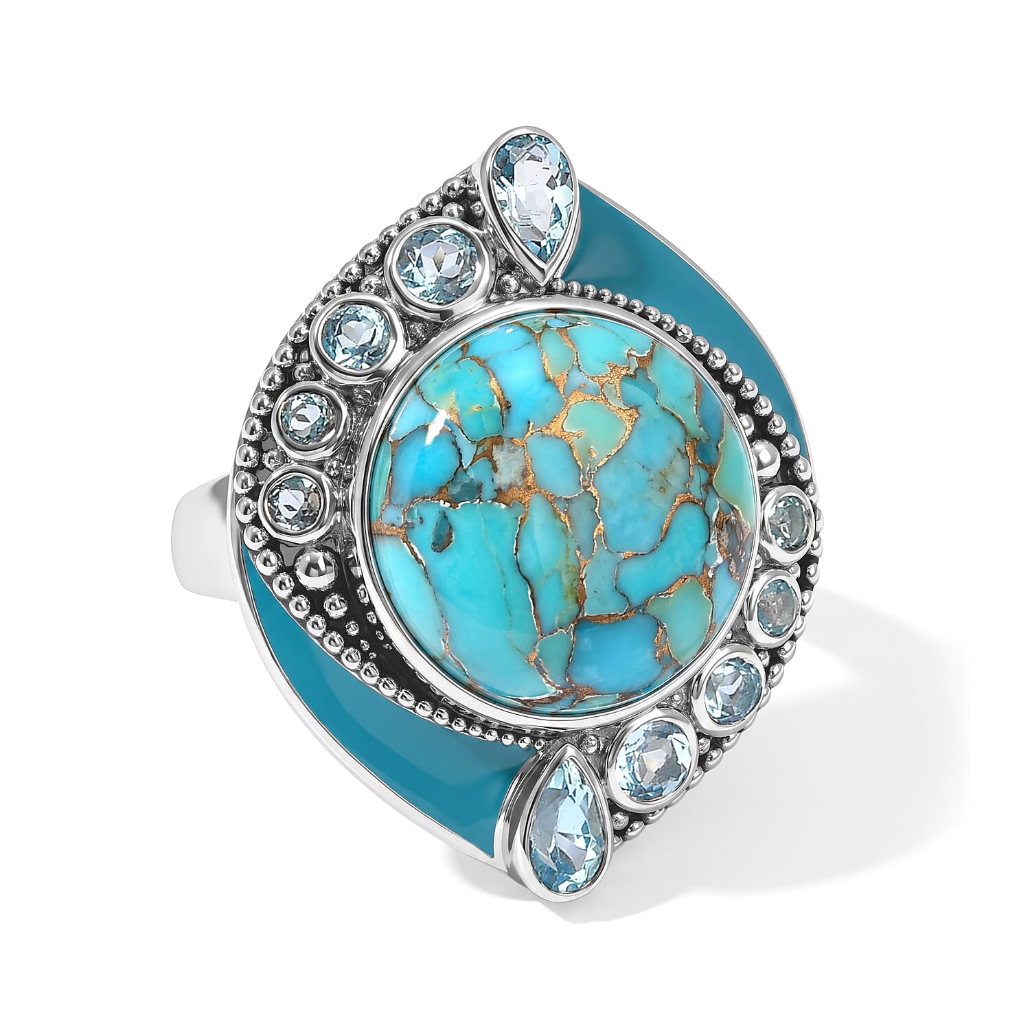 Sajen Silver AAA Recon Turquoise, Swiss Blue Topaz Ring in Rhodium Over Sterling Silver (Size 10.0) 11.20 ctw