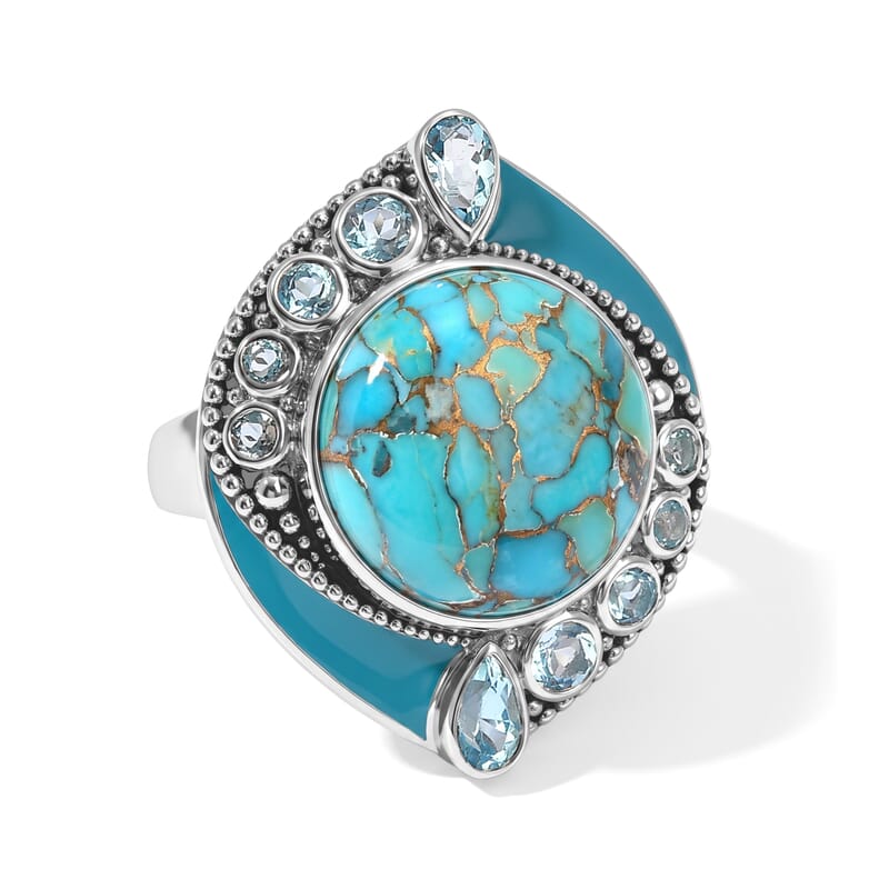 Sajen Silver Freshened Turquoise, Swiss Blue Topaz Ring in Rhodium Over Sterling Silver (Size 5.0) 11.20 ctw