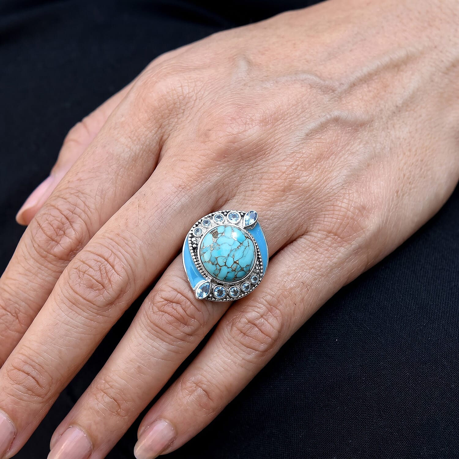 Sajen Silver Freshened Turquoise, Swiss Blue Topaz Ring in Rhodium Over Sterling Silver (Size 5.0) 11.20 ctw